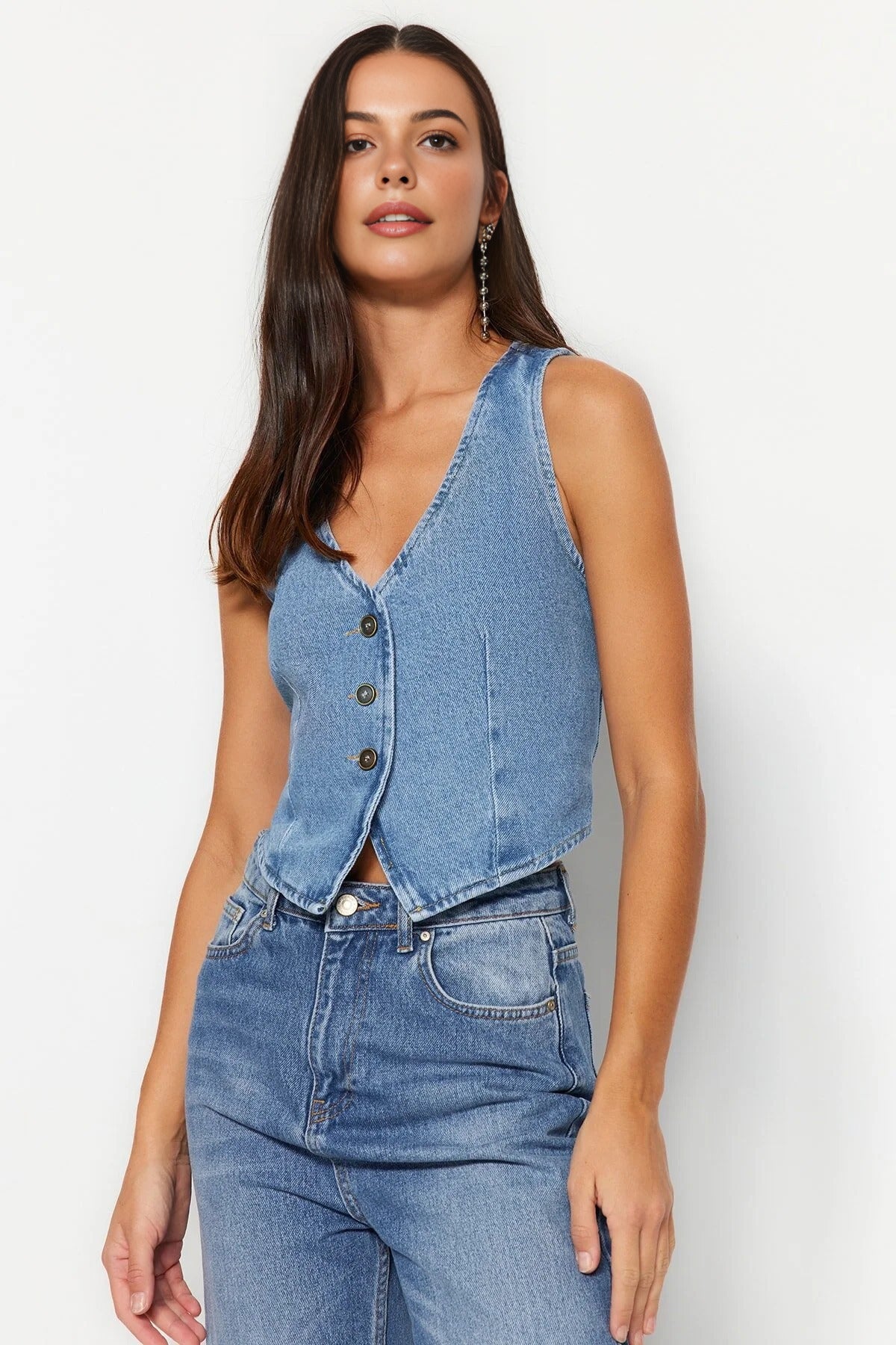 V Neck Fitted Denim Vest