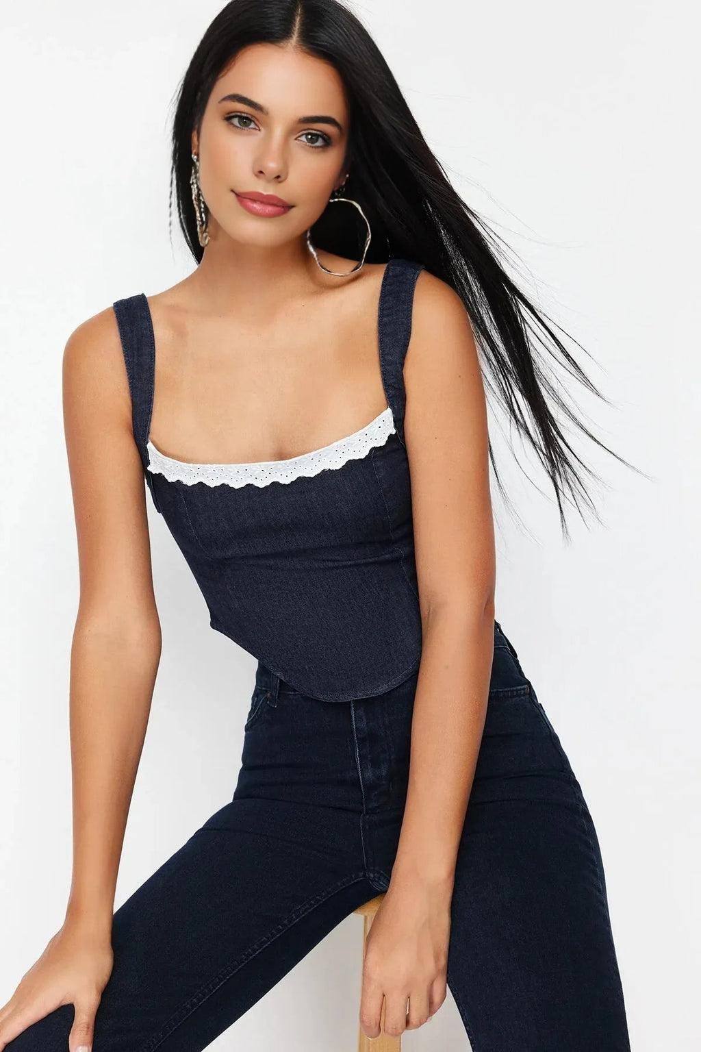 Lace Neckline Strappy Denim Crop Bustier