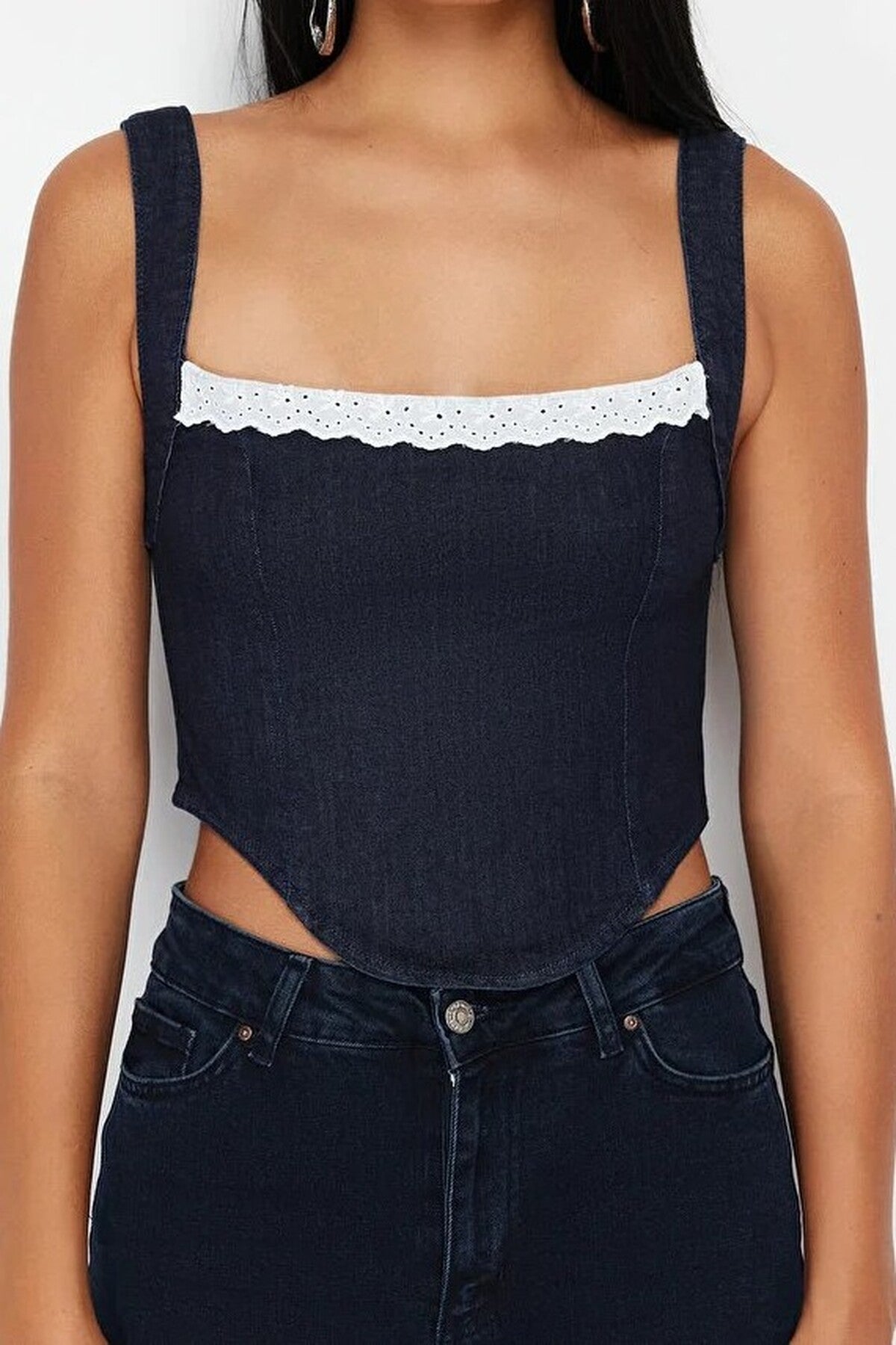 Lace Neckline Strappy Denim Crop Bustier