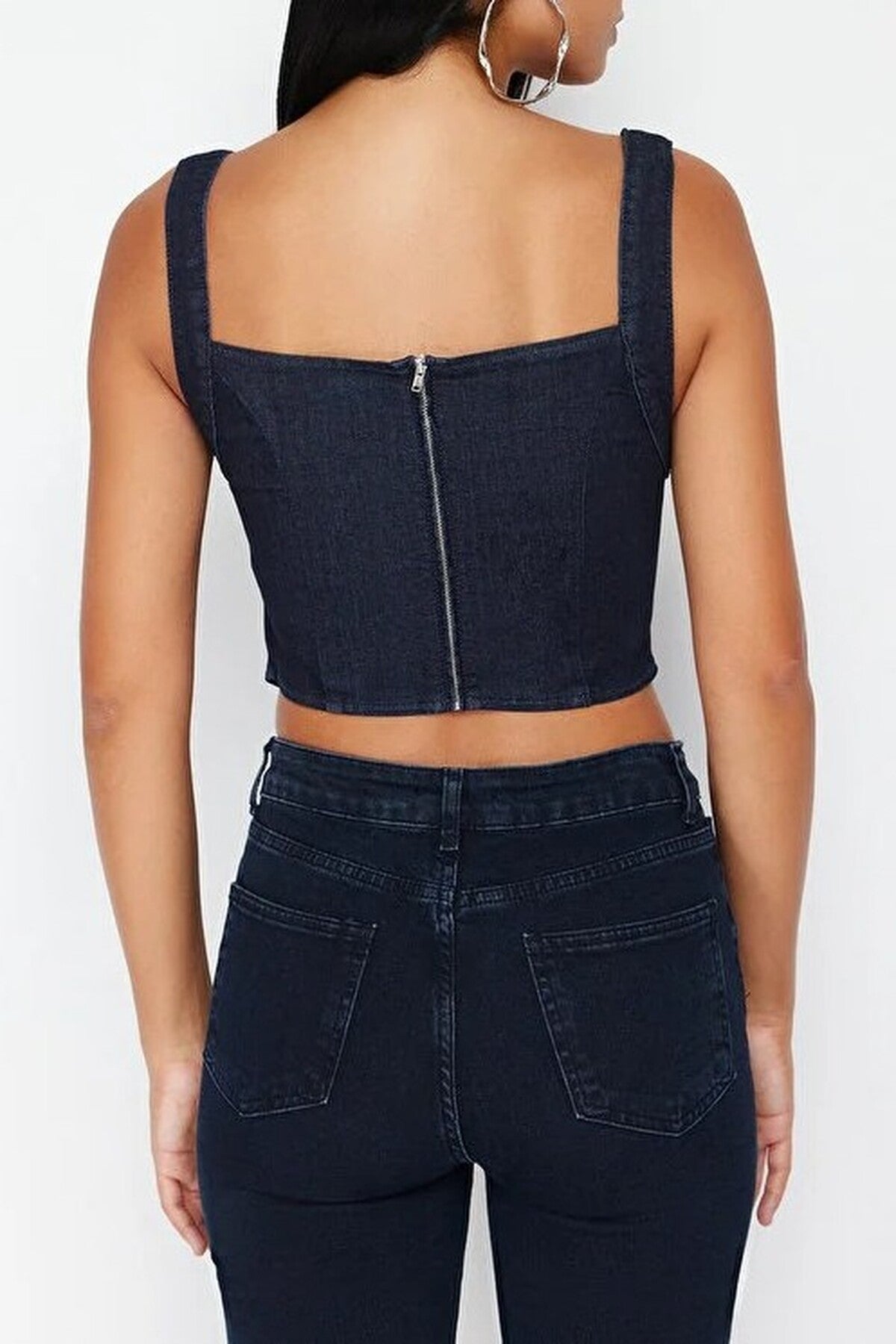 Lace Neckline Strappy Denim Crop Bustier