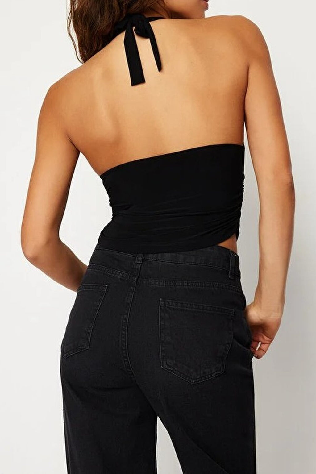 Halter Neck Patterned Fitted Crop Knit Blouse