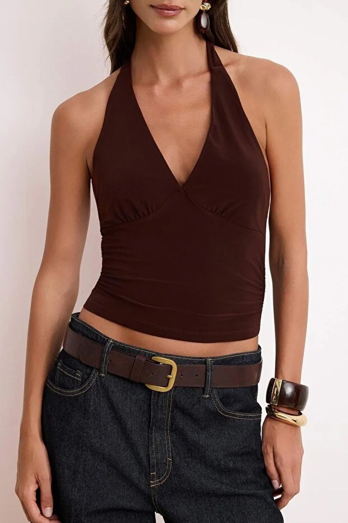 Halter Neck Patterned Fitted Crop Knit Blouse