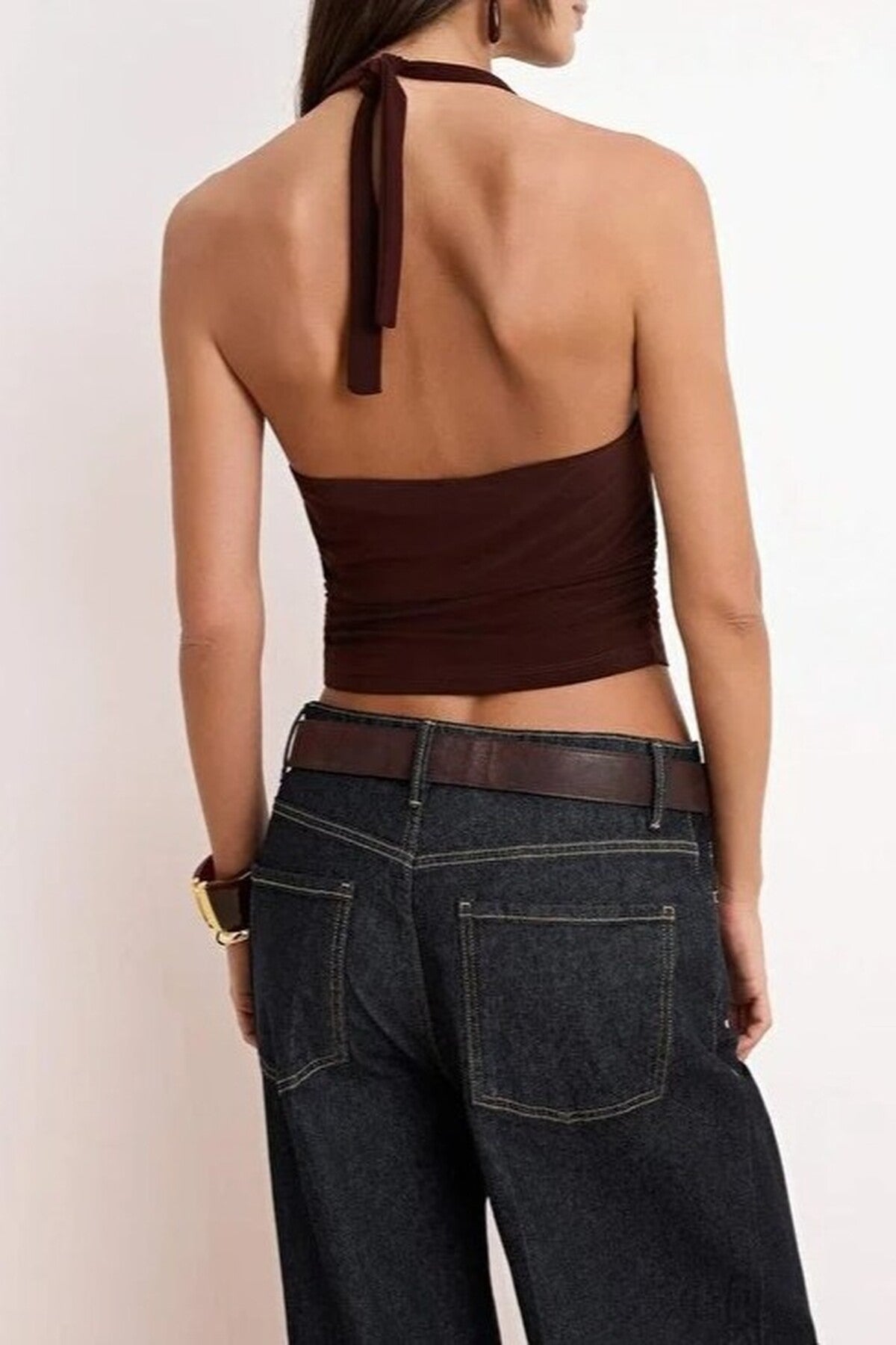Halter Neck Patterned Fitted Crop Knit Blouse