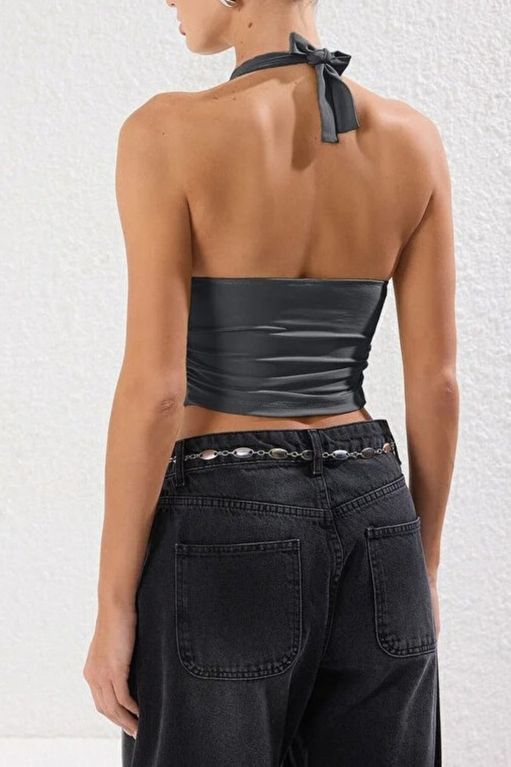 Halter Neck Patterned Fitted Crop Knit Blouse