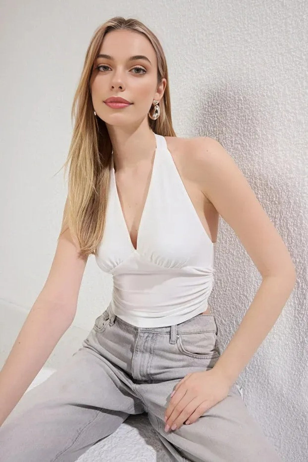 Halter Neck Patterned Fitted Crop Knit Blouse