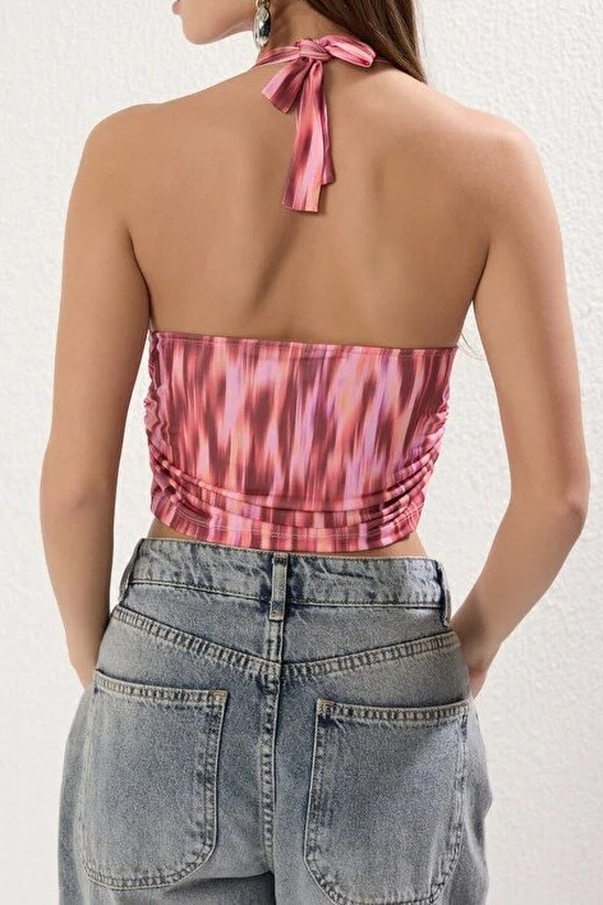 Halter Neck Patterned Fitted Crop Knit Blouse