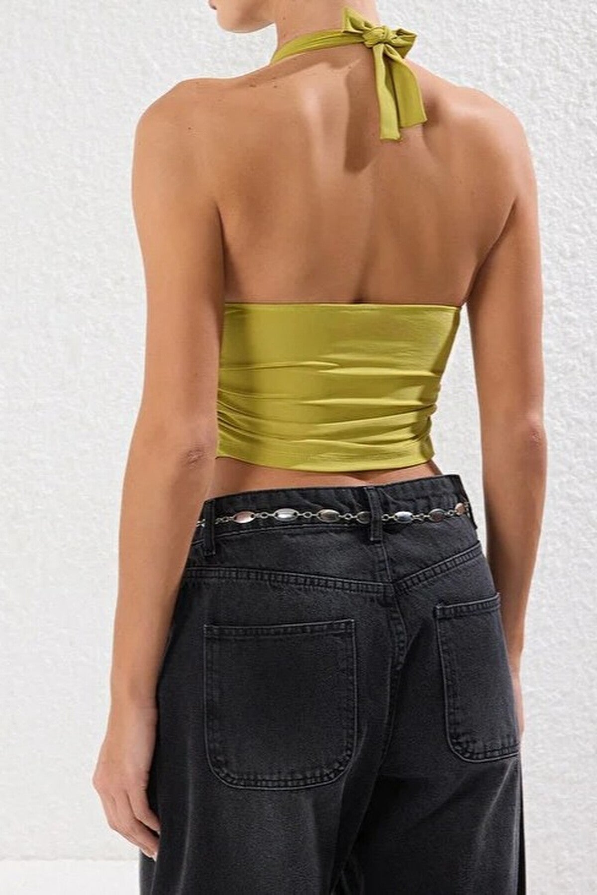 Halter Neck Patterned Fitted Crop Knit Blouse