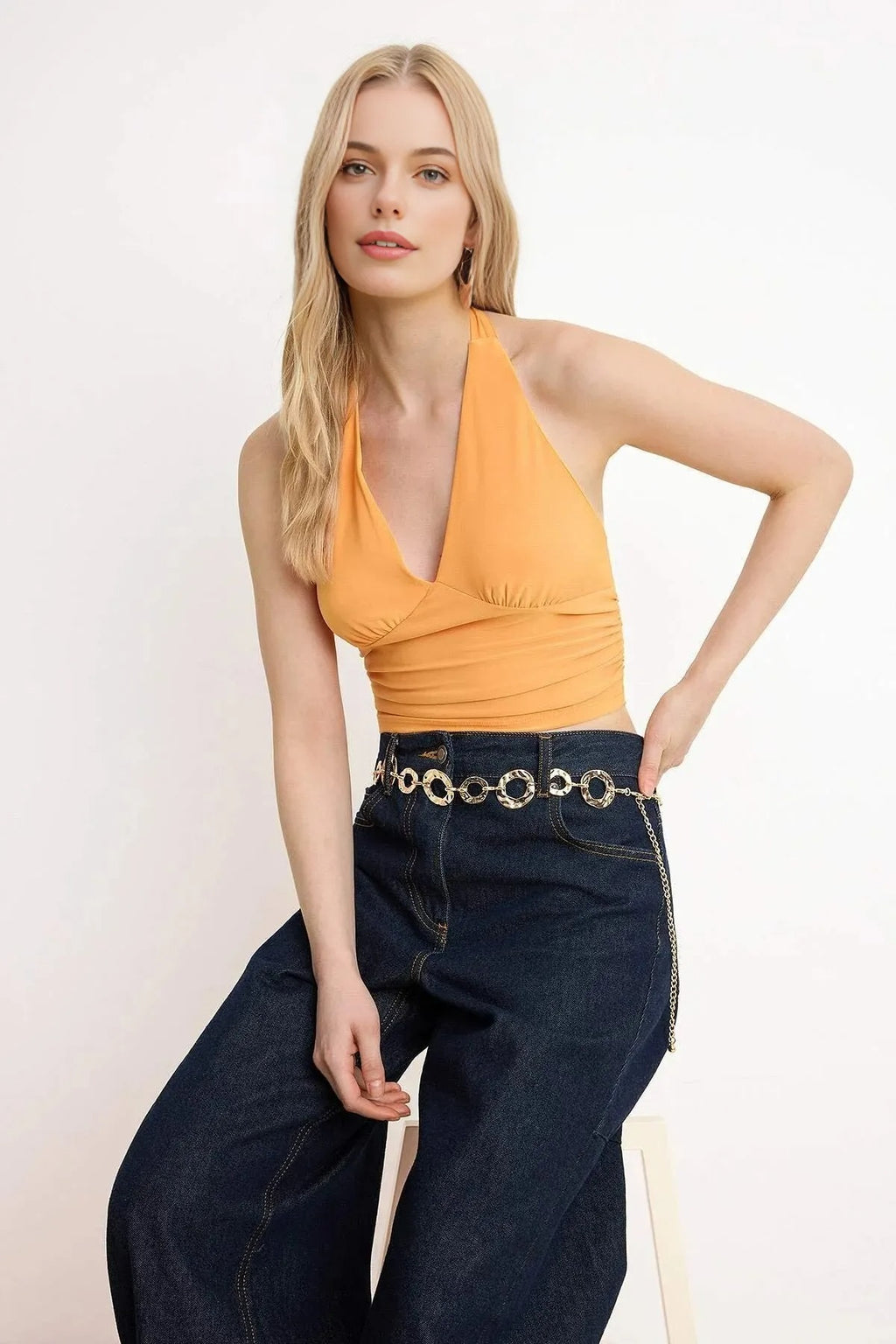 Halter Neck Patterned Fitted Crop Knit Blouse