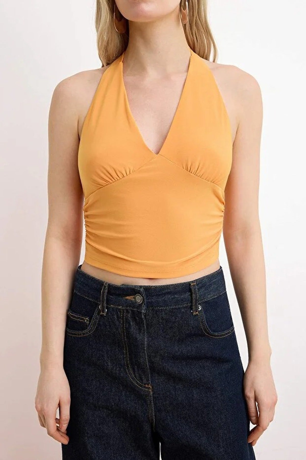 Halter Neck Patterned Fitted Crop Knit Blouse