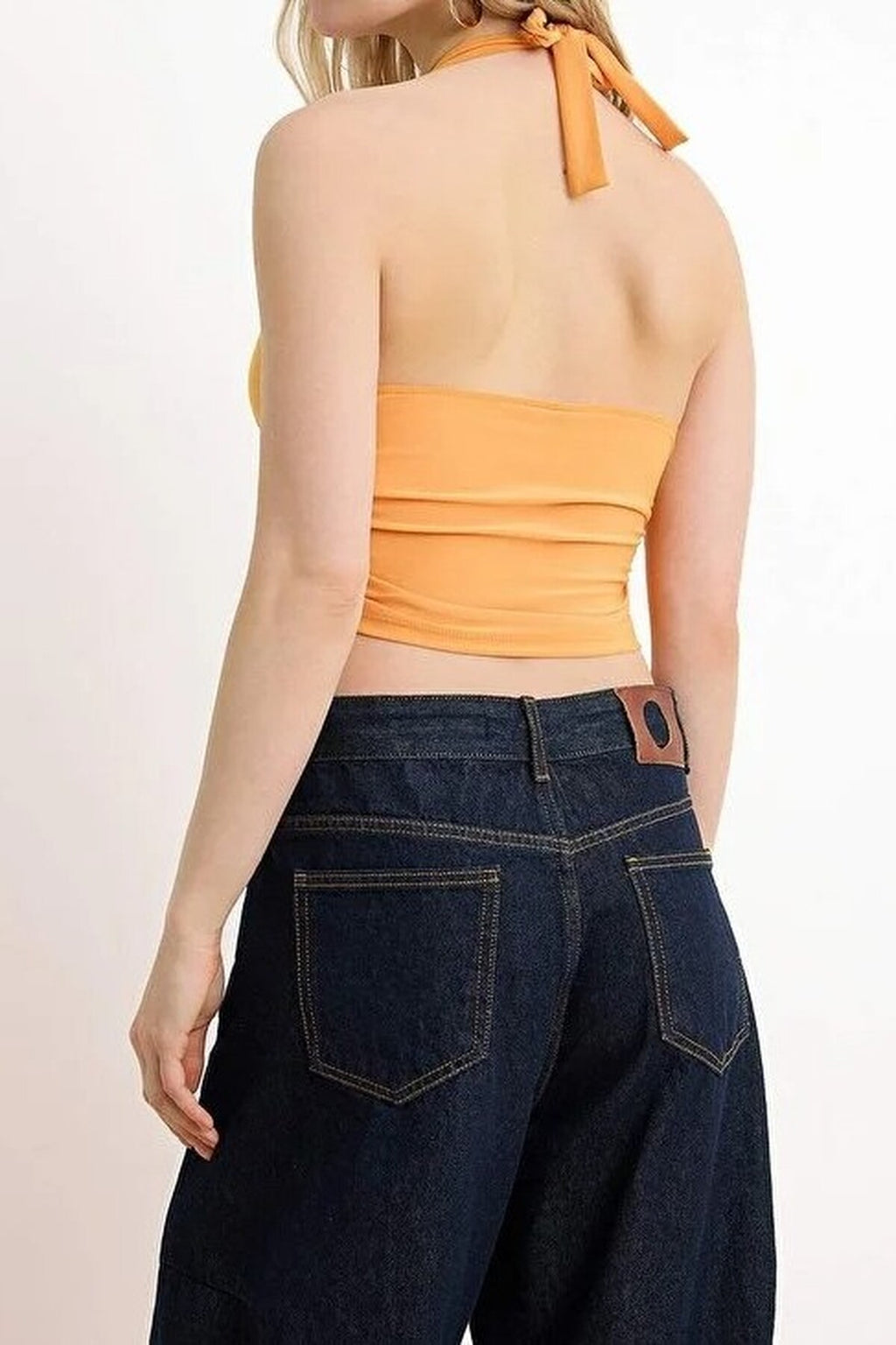 Halter Neck Patterned Fitted Crop Knit Blouse