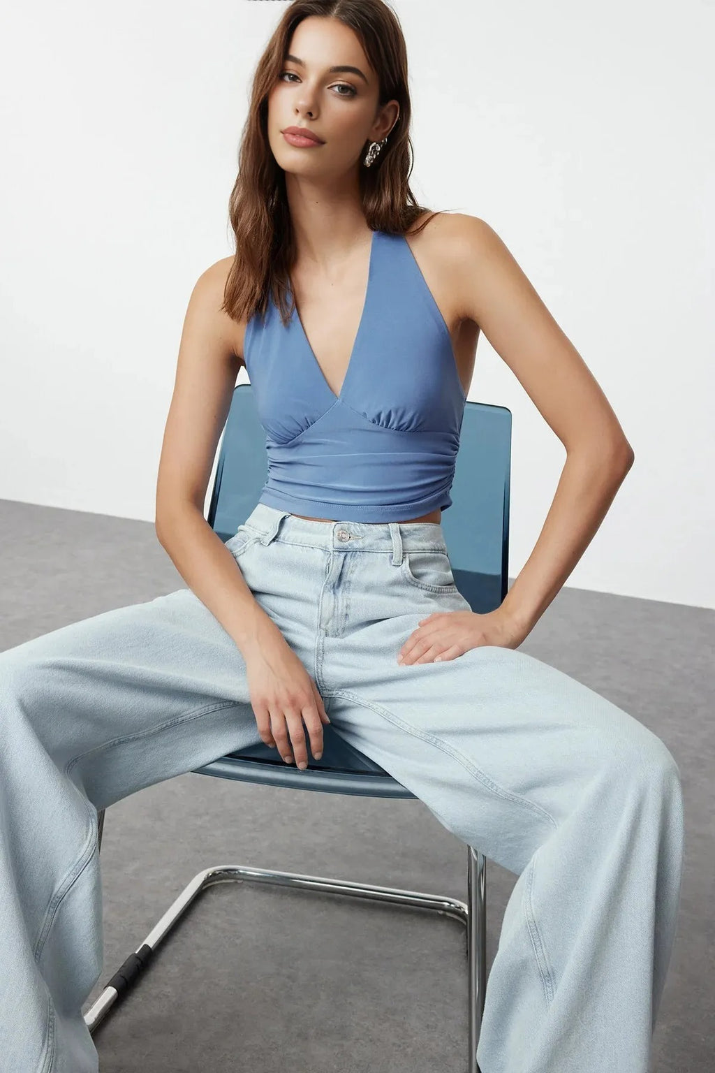 Halter Neck Patterned Fitted Crop Knit Blouse