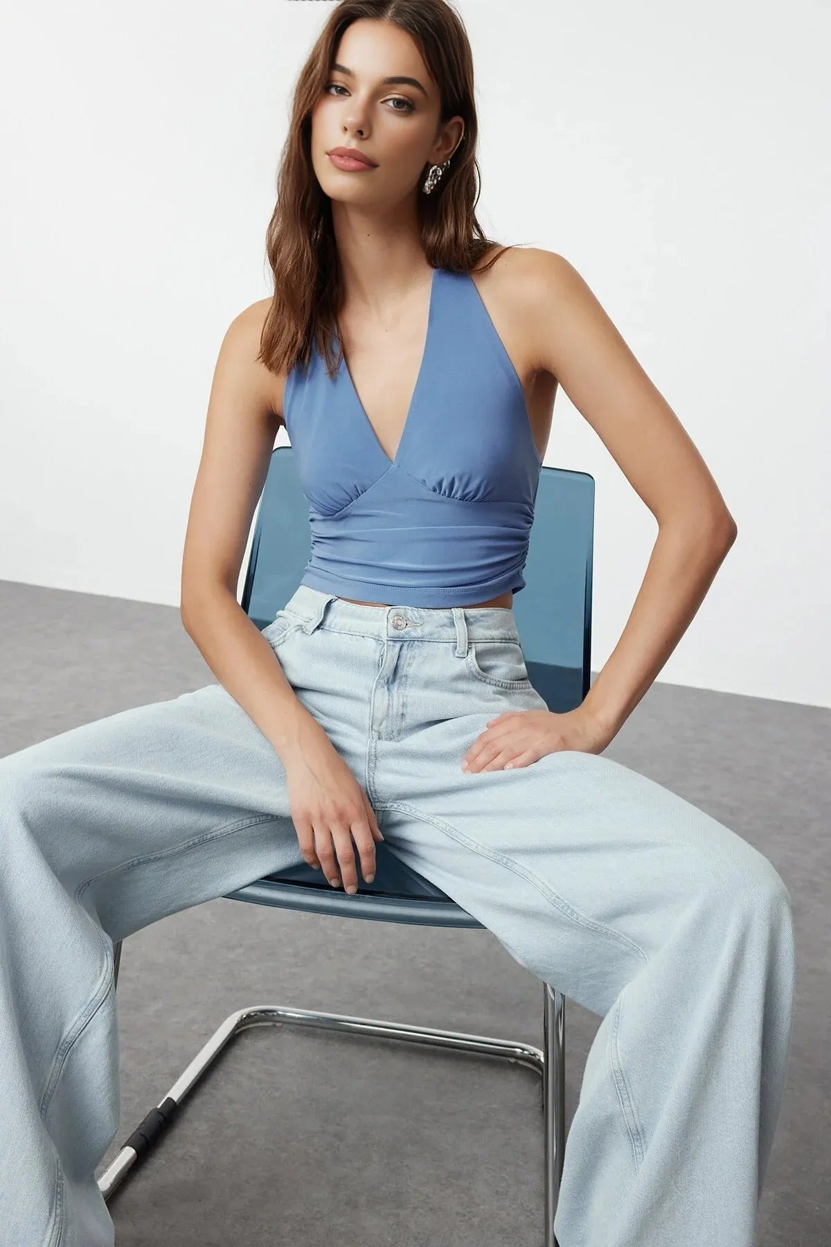 Halter Neck Patterned Fitted Crop Knit Blouse