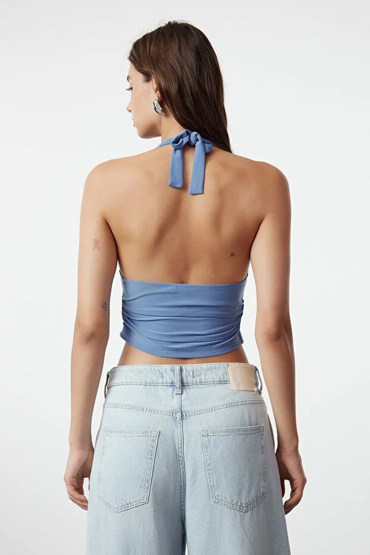 Halter Neck Patterned Fitted Crop Knit Blouse