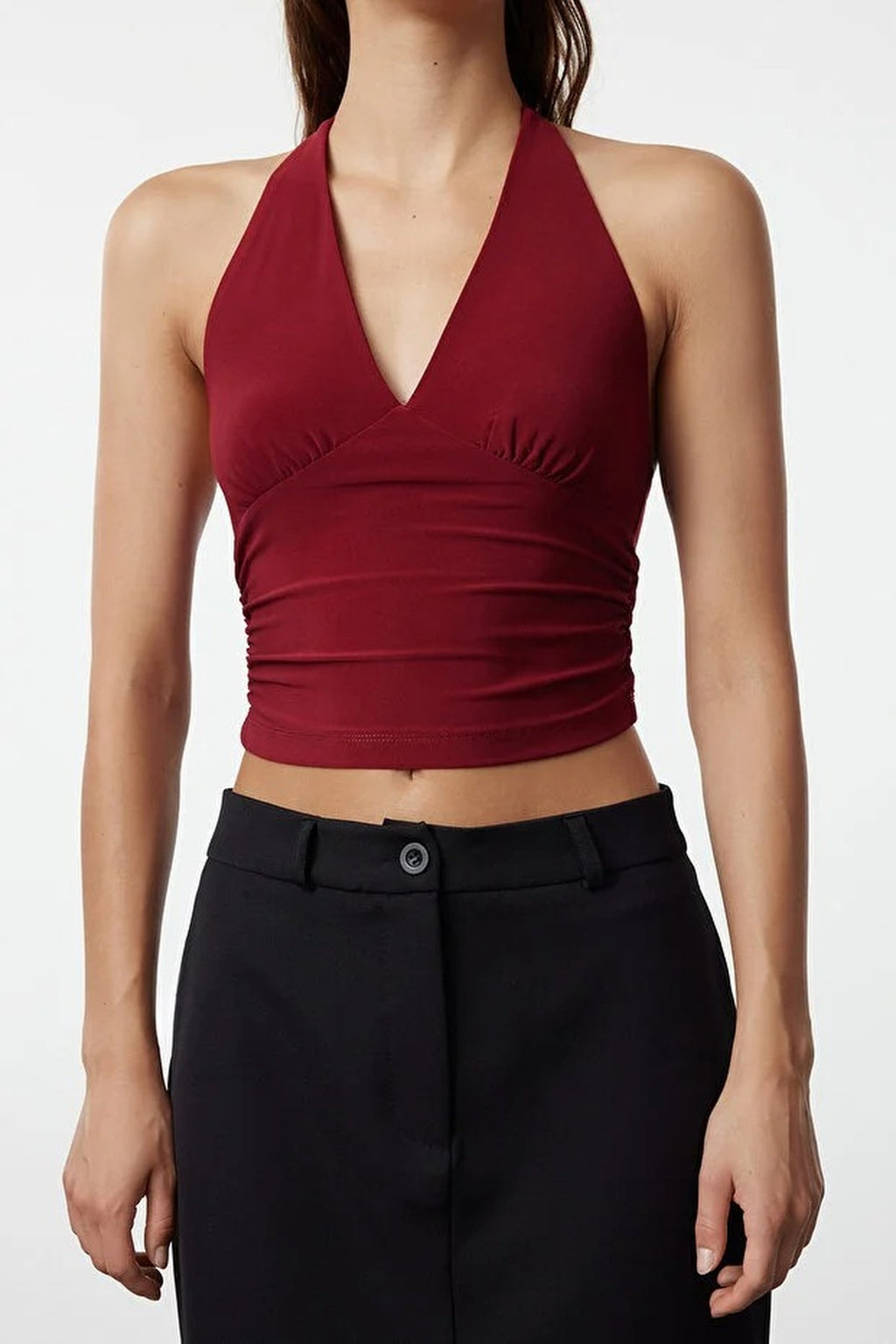 Halter Neck Patterned Fitted Crop Knit Blouse
