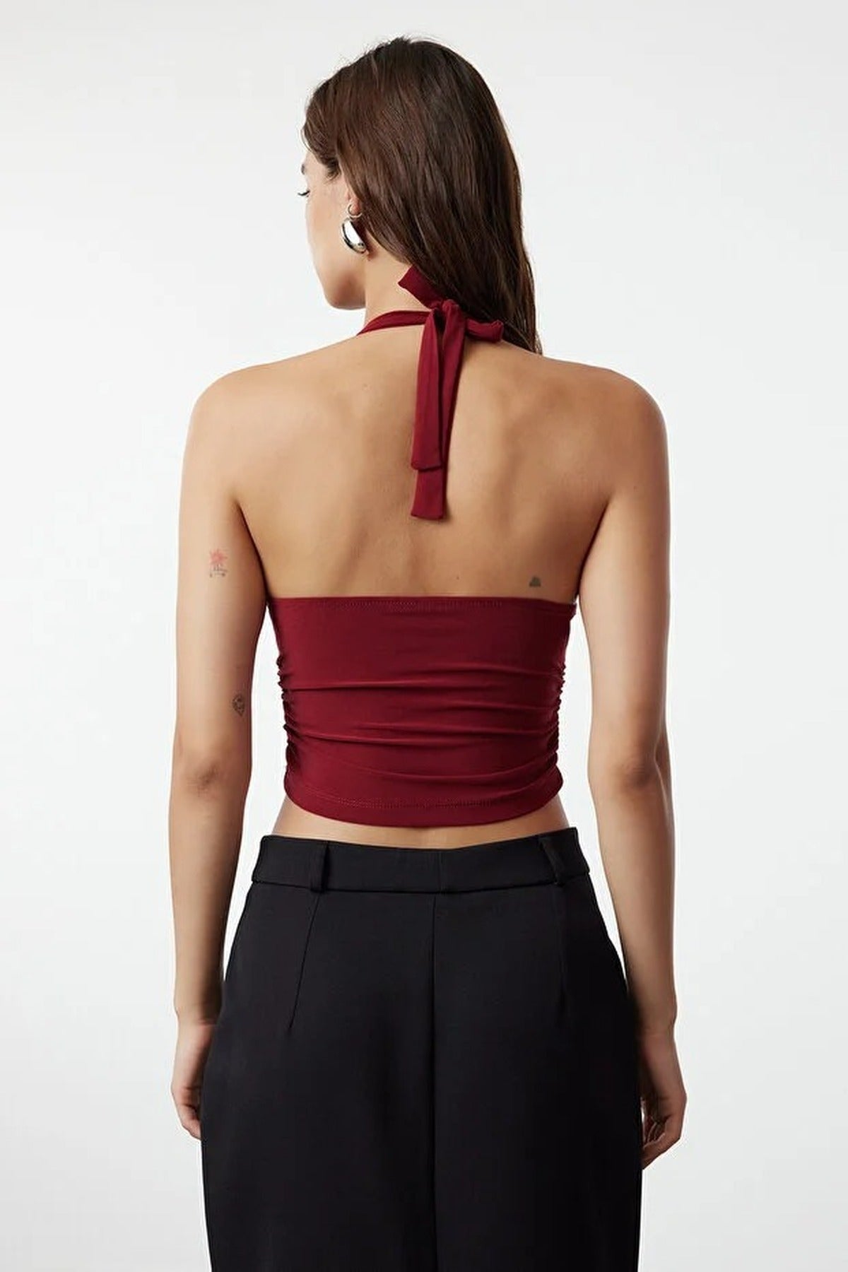 Halter Neck Patterned Fitted Crop Knit Blouse