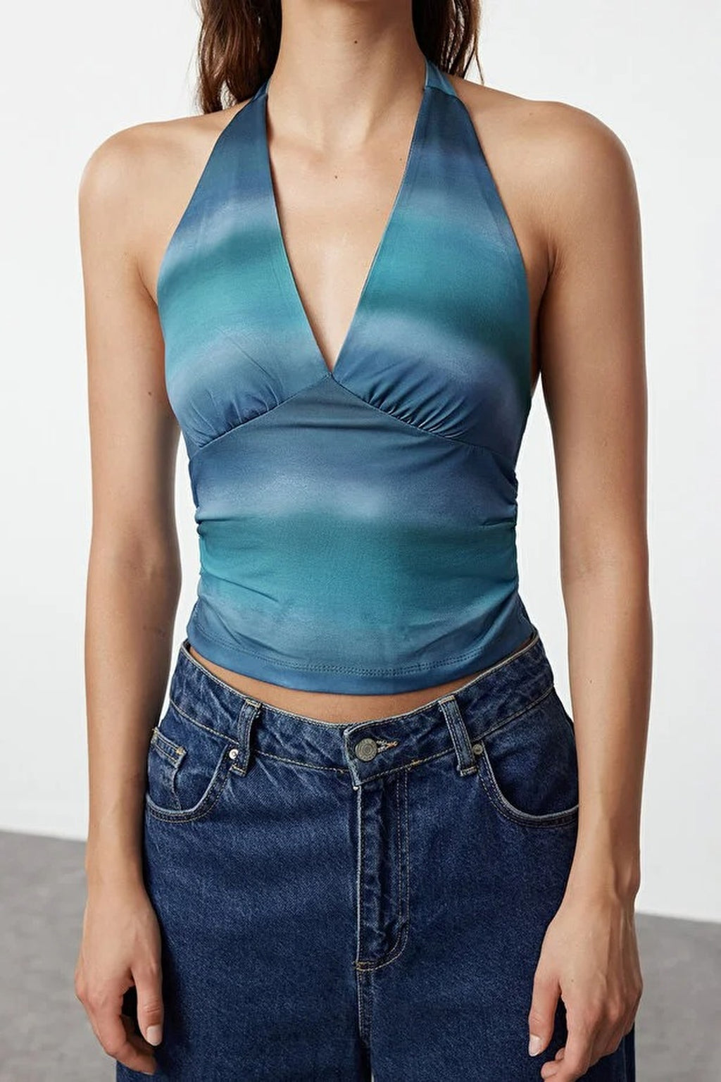 Halter Neck Patterned Fitted Crop Knit Blouse