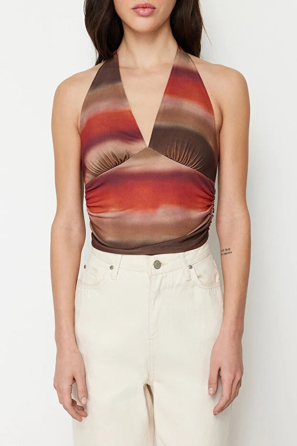 Halter Neck Patterned Fitted Crop Knit Blouse