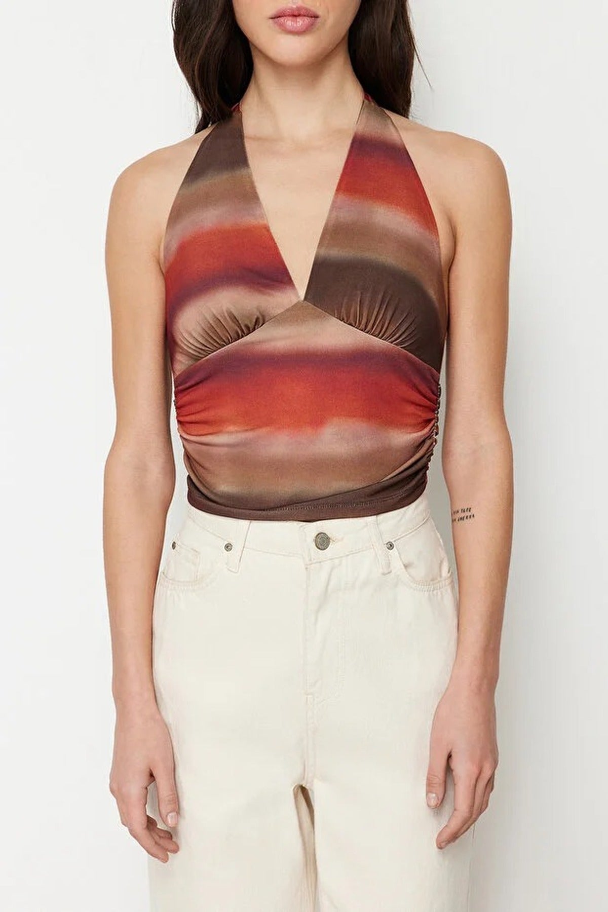 Halter Neck Patterned Fitted Crop Knit Blouse