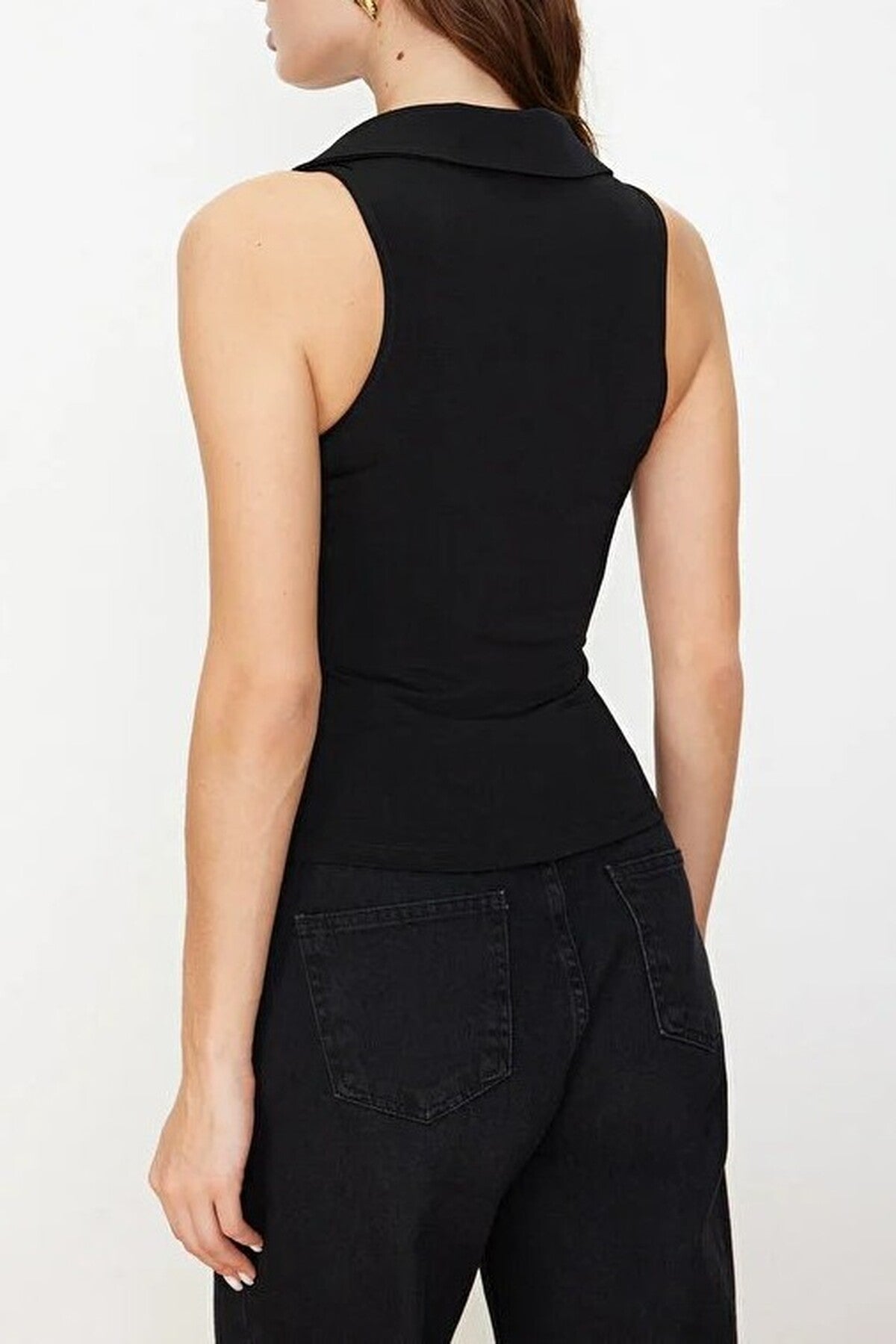 Fitted Polo Collar Stretch Knit Blouse
