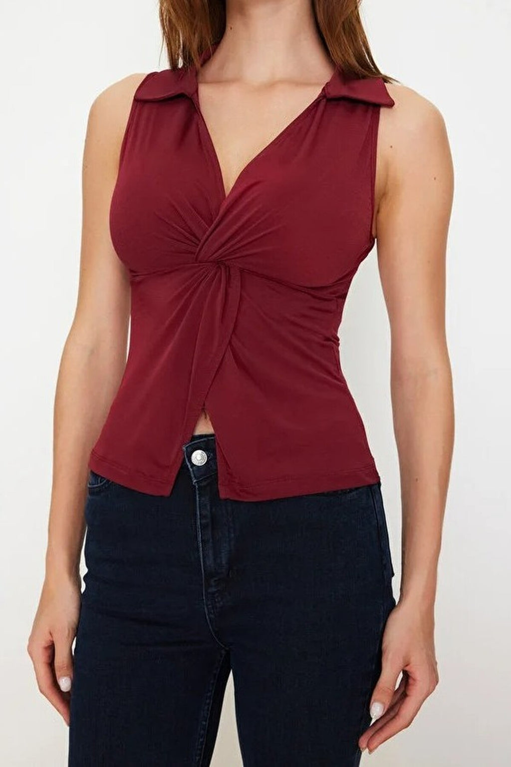 Fitted Polo Collar Stretch Knit Blouse