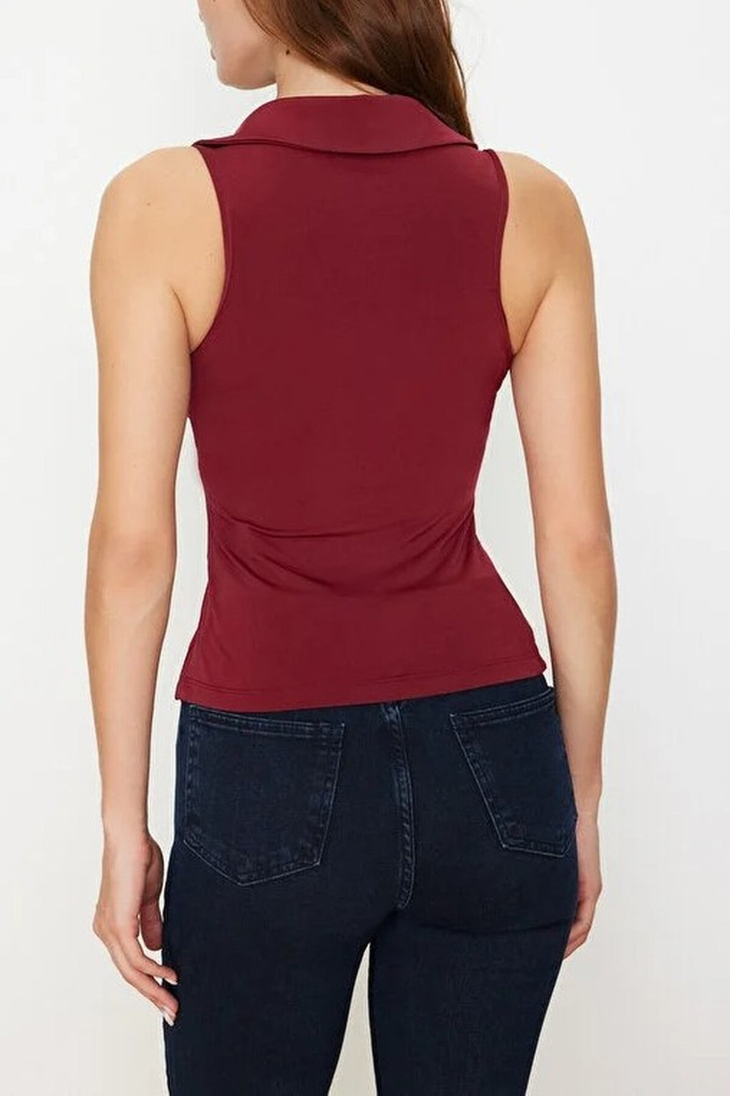 Fitted Polo Collar Stretch Knit Blouse