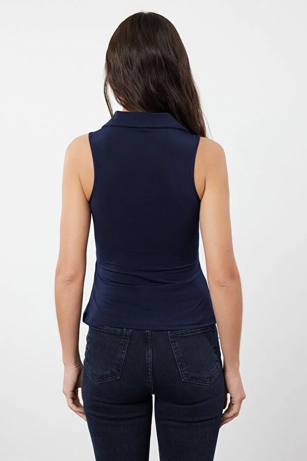 Fitted Polo Collar Stretch Knit Blouse