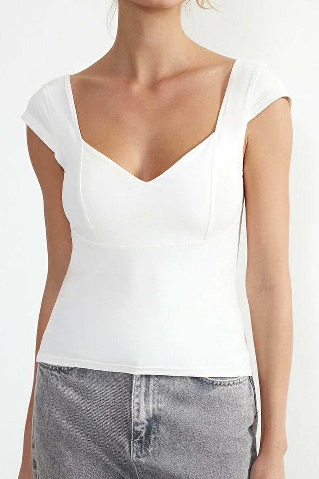 Heart Neckline Fitted Cotton Stretch Knit Blouse