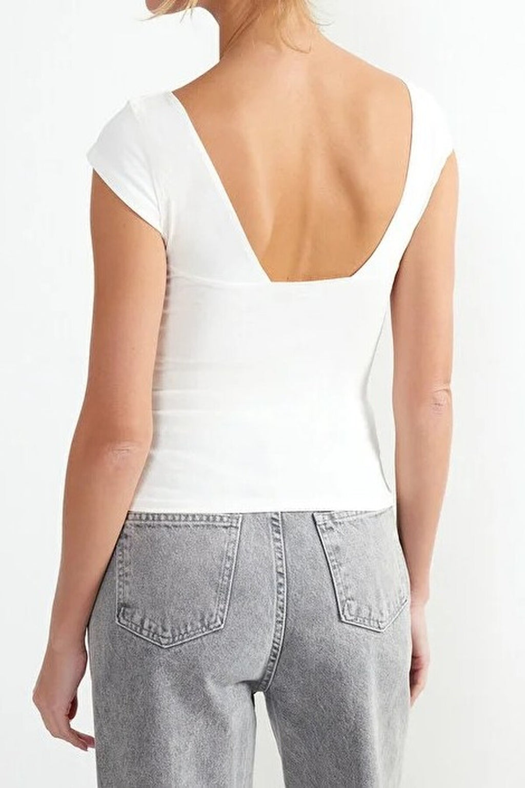 Heart Neckline Fitted Cotton Stretch Knit Blouse