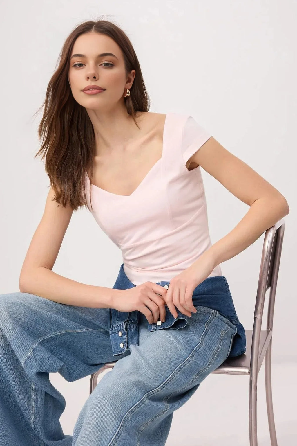 Heart Neckline Fitted Cotton Stretch Knit Blouse