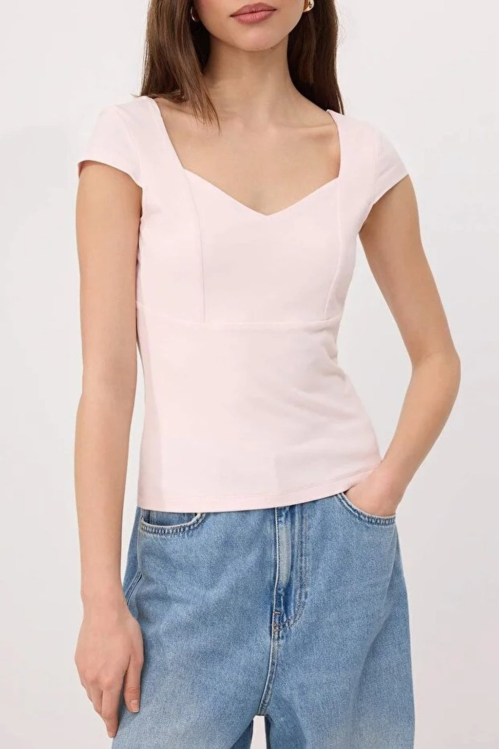 Heart Neckline Fitted Cotton Stretch Knit Blouse