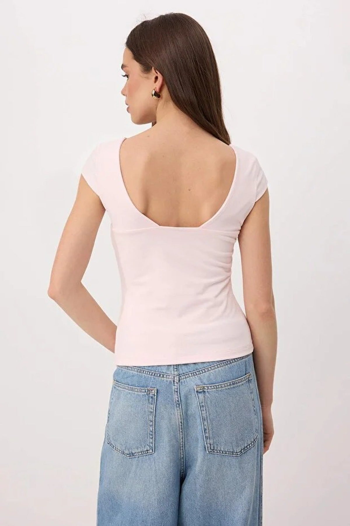Heart Neckline Fitted Cotton Stretch Knit Blouse