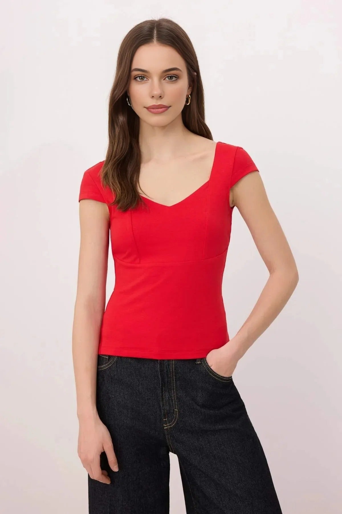 Heart Neckline Fitted Cotton Stretch Knit Blouse