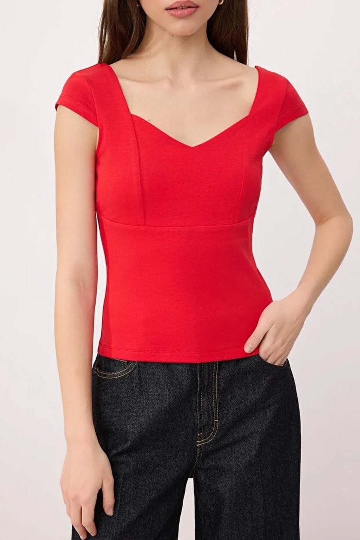 Heart Neckline Fitted Cotton Stretch Knit Blouse