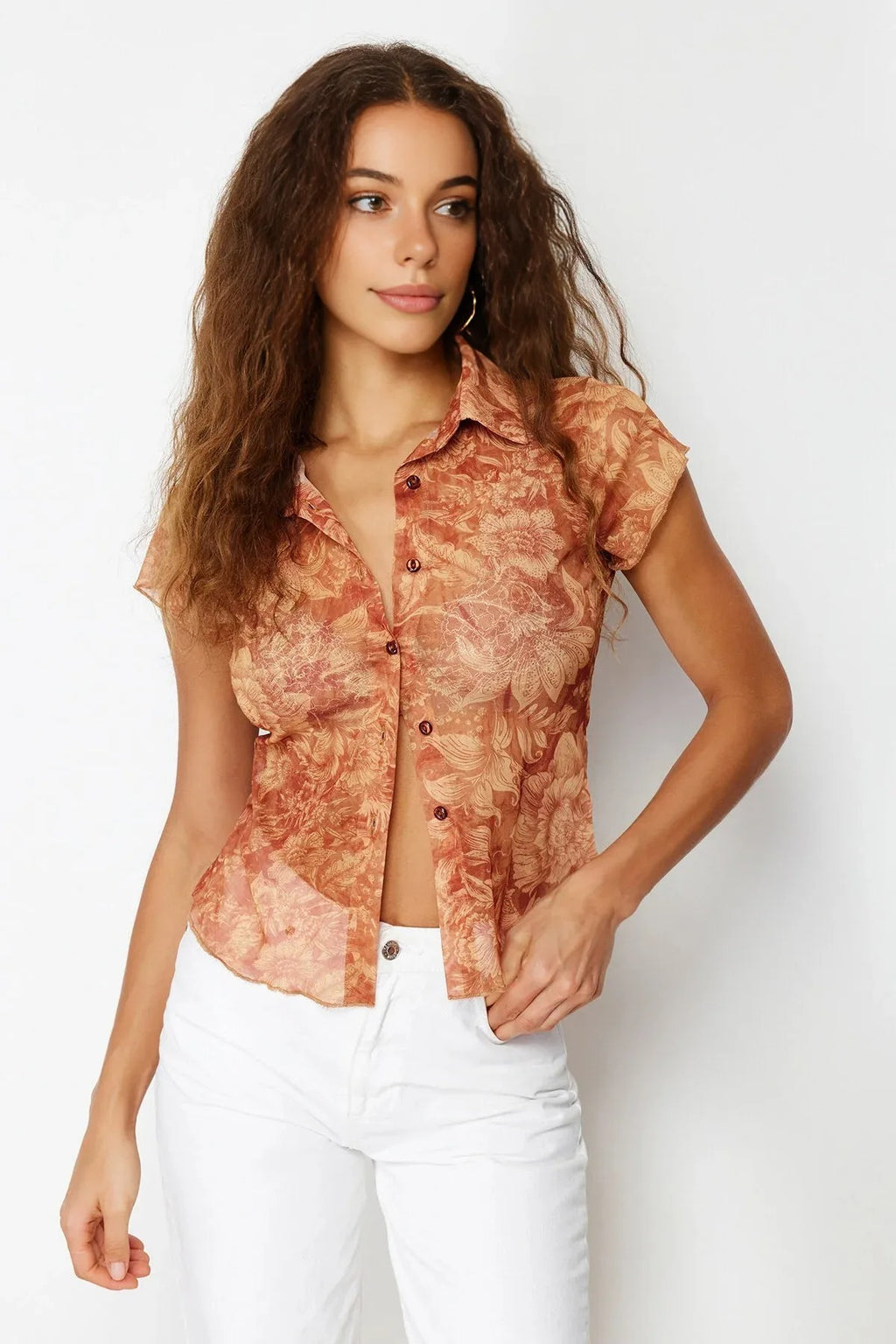 Fitted Shirt Collar Tulle Knit Blouse