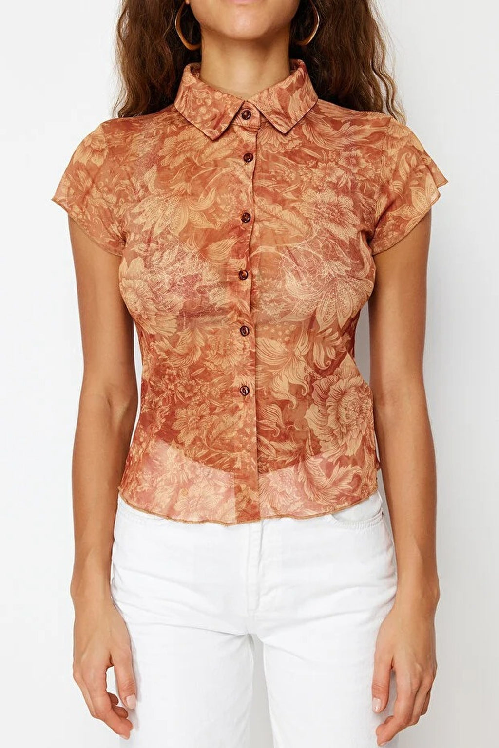 Fitted Shirt Collar Tulle Knit Blouse