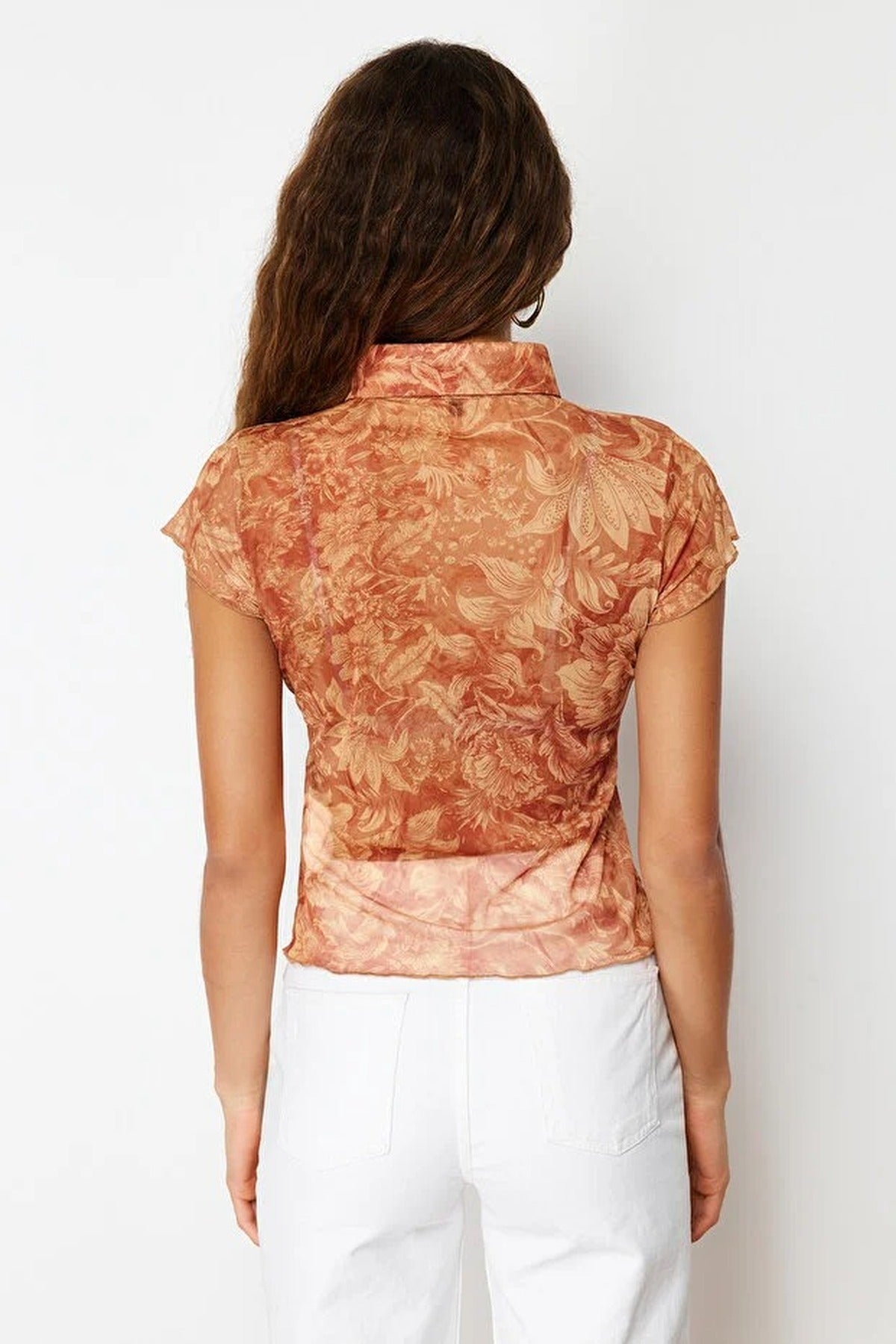 Fitted Shirt Collar Tulle Knit Blouse