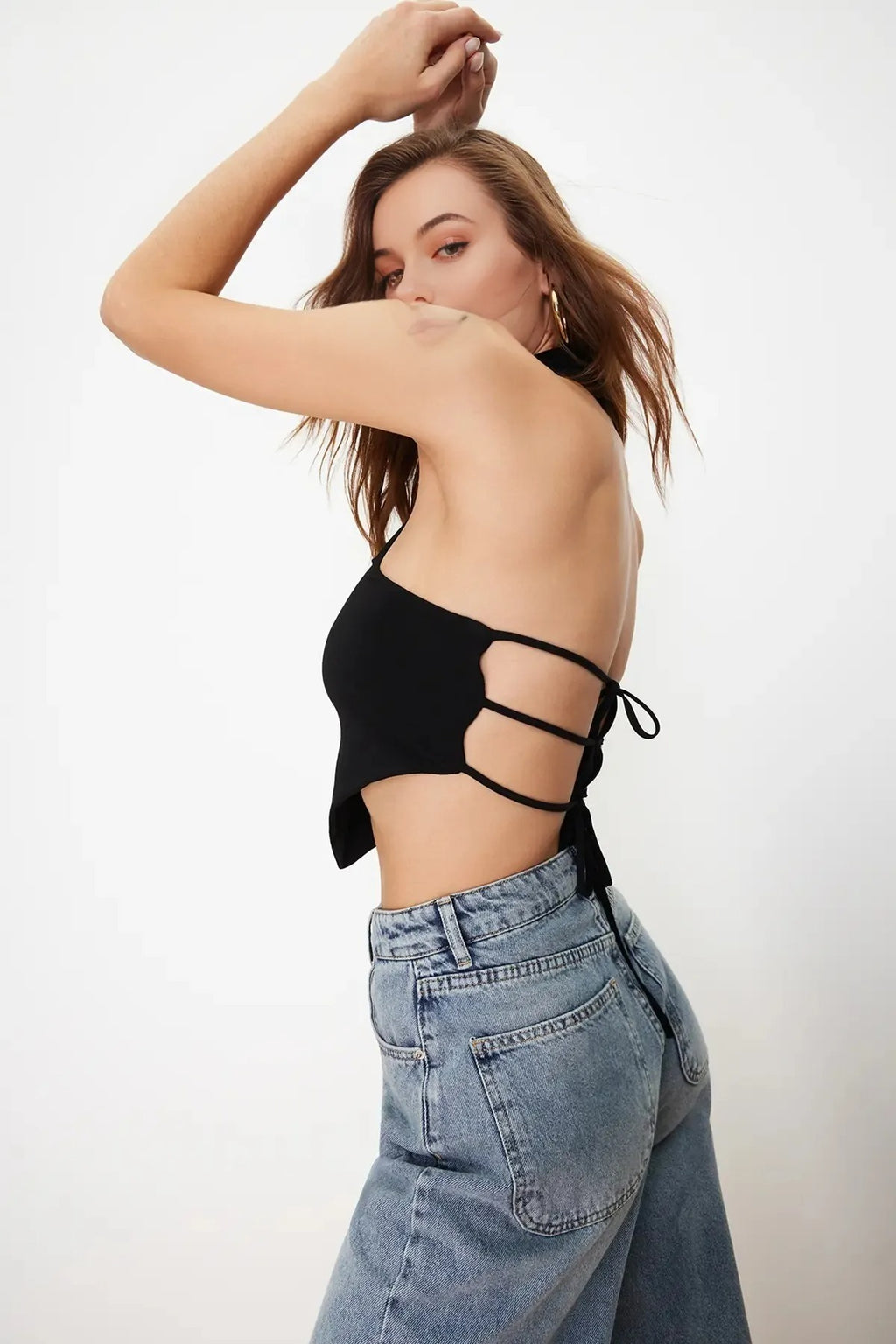 High Neck Crop Blouse with Back Detail and Off-Shoulder Design