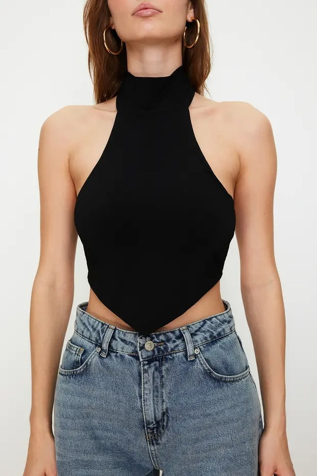 High Neck Crop Blouse with Back Detail and Off-Shoulder Design