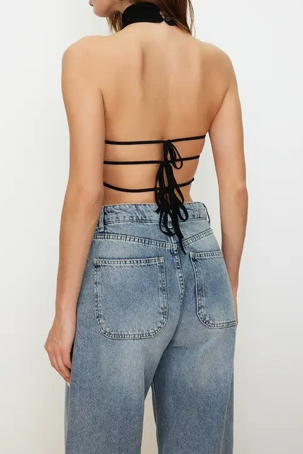 High Neck Crop Blouse with Back Detail and Off-Shoulder Design