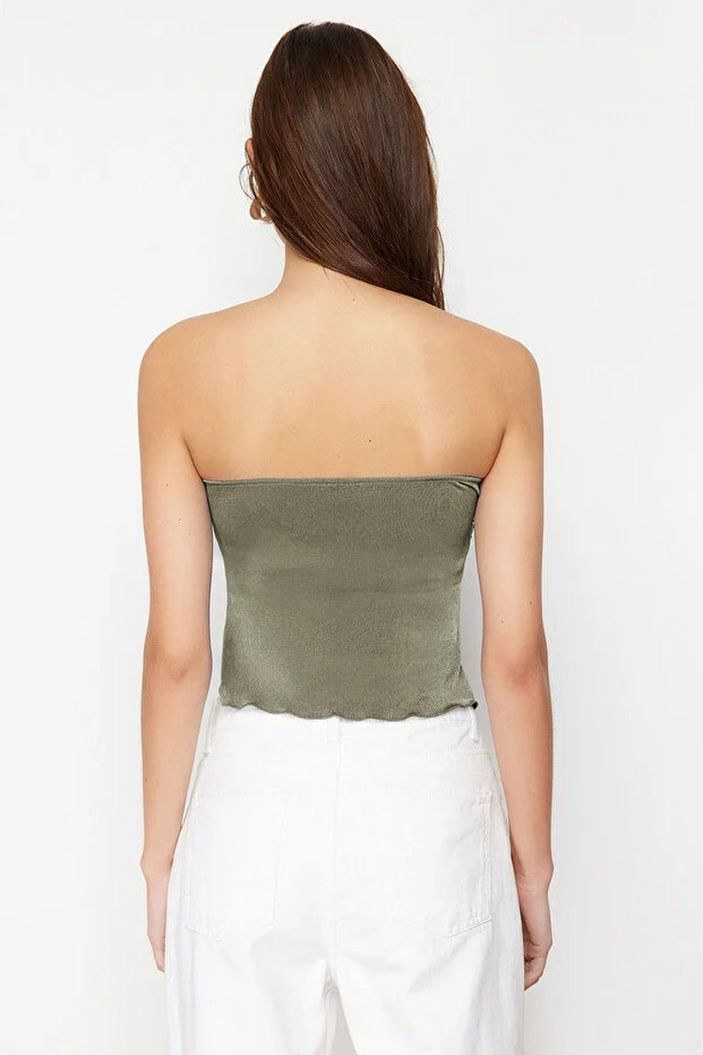Heart Neck Gathered Stretch Knit Crop Blouse