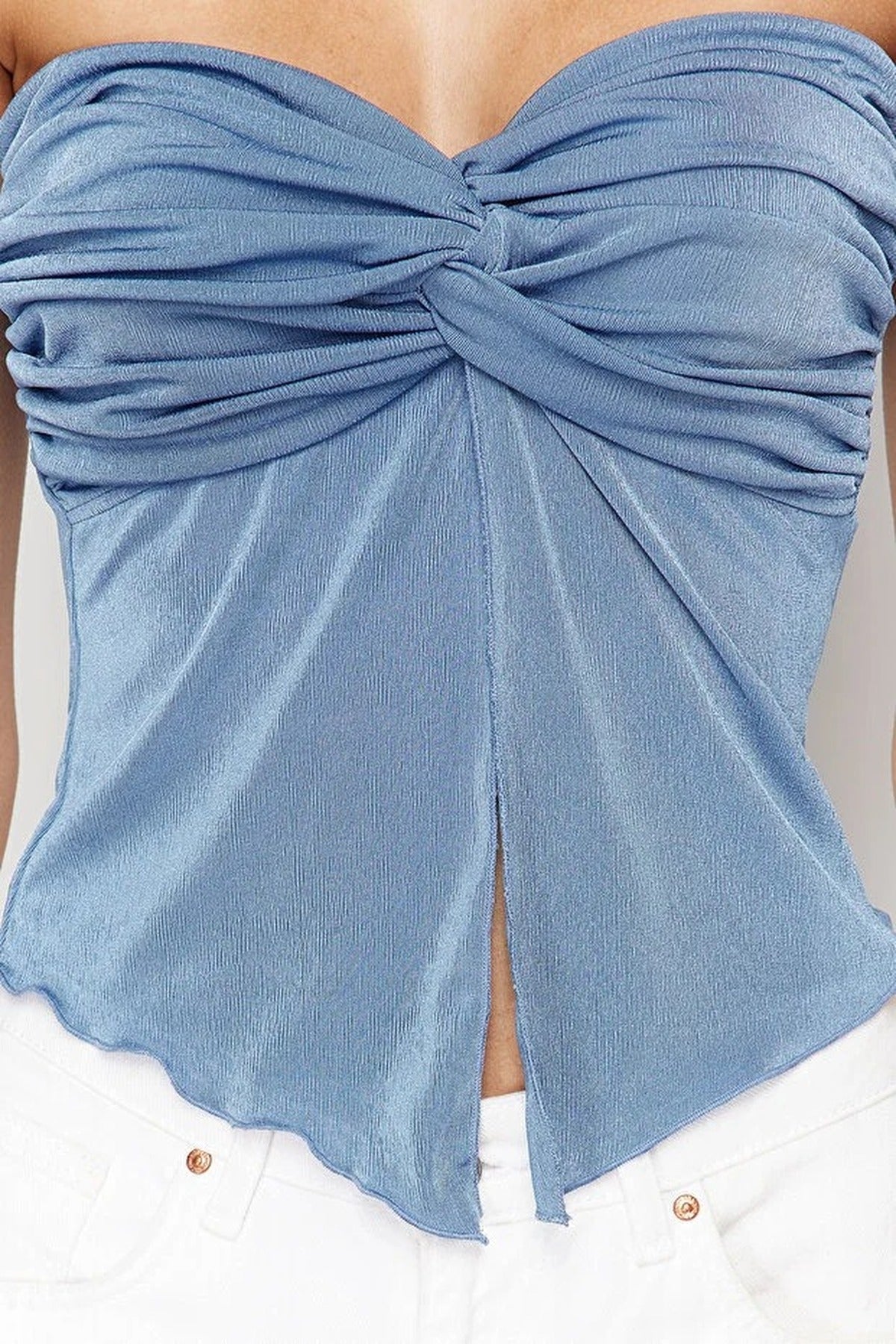 Heart Neck Gathered Stretch Knit Crop Blouse