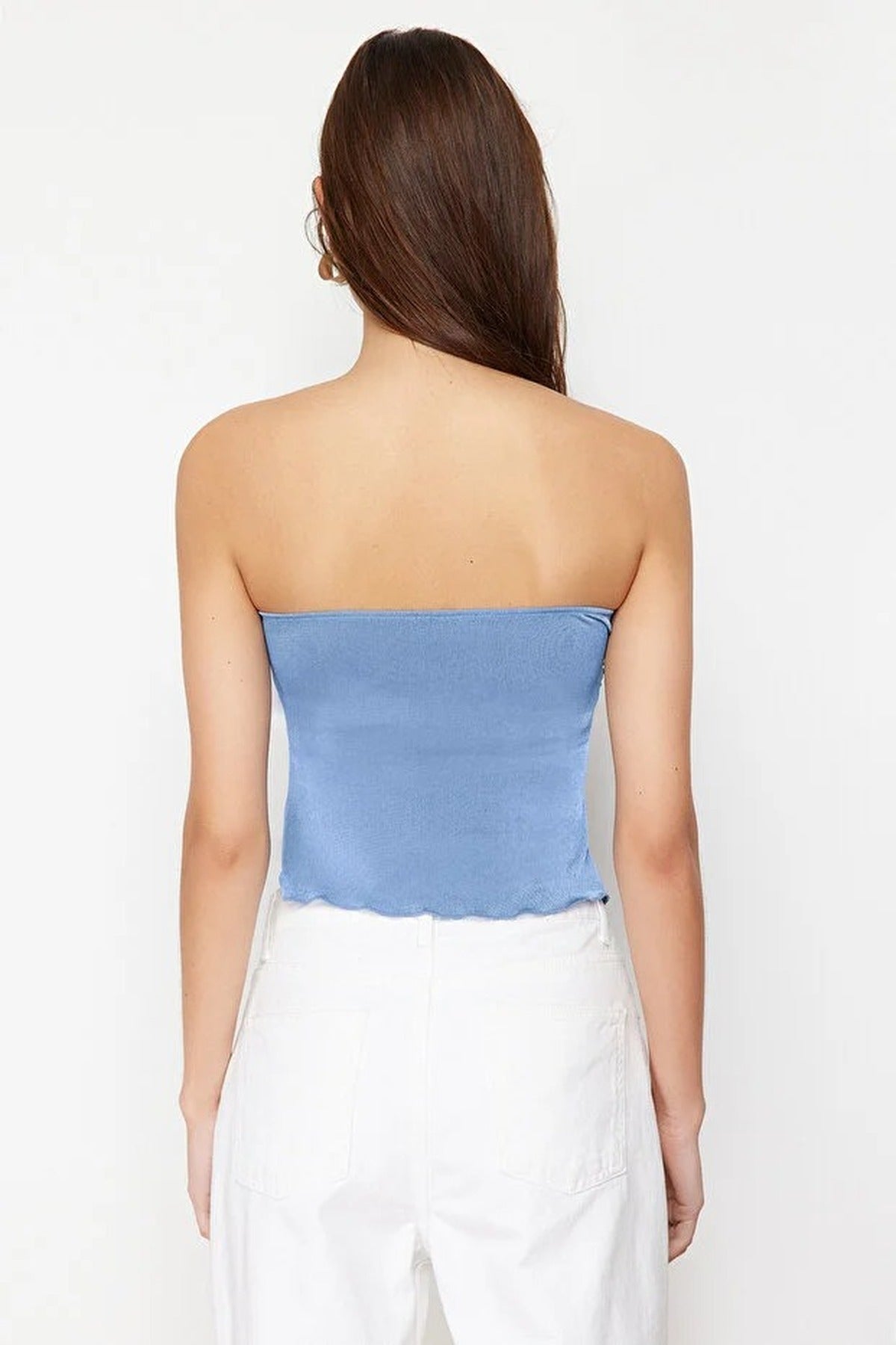 Heart Neck Gathered Stretch Knit Crop Blouse
