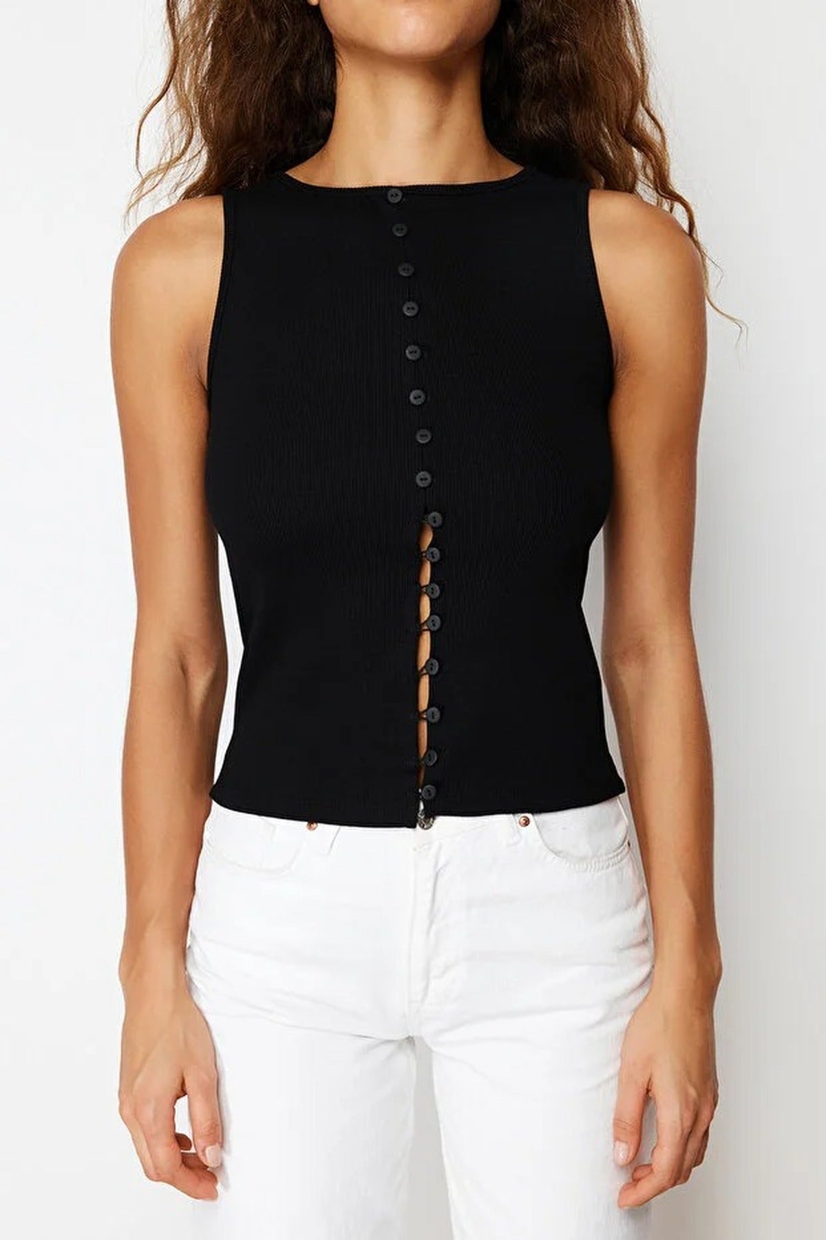 Buttoned Fitted Ribbed Stretch Knit Blouse