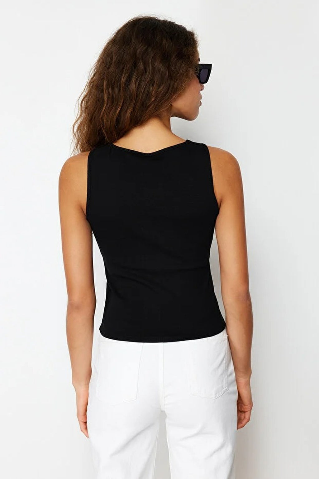 Buttoned Fitted Ribbed Stretch Knit Blouse