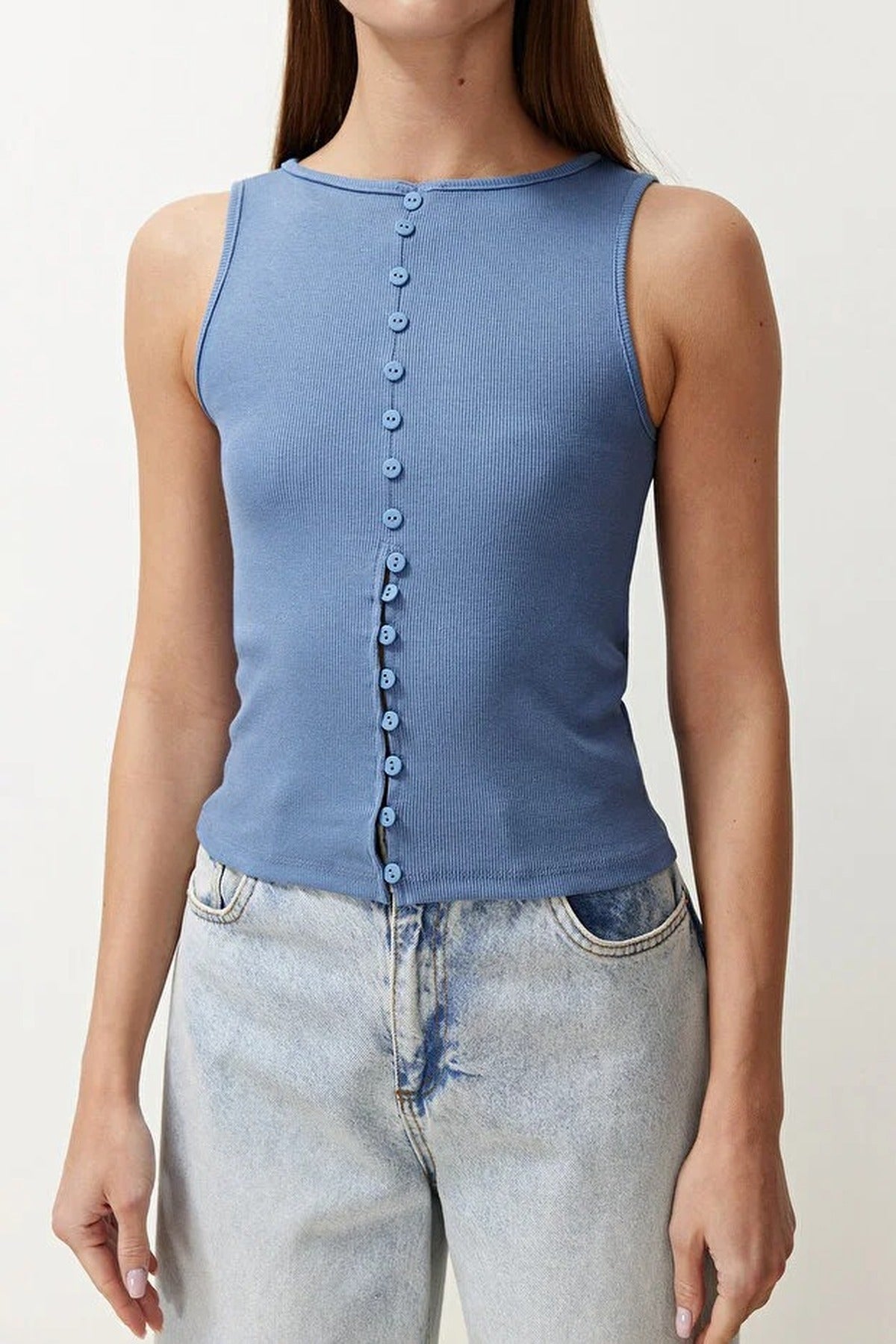 Buttoned Fitted Ribbed Stretch Knit Blouse