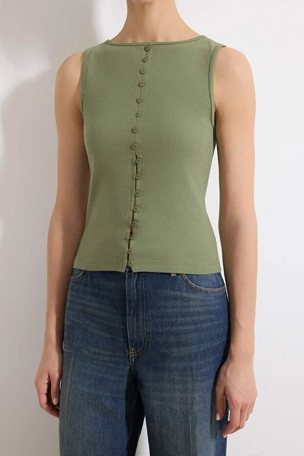 Buttoned Fitted Ribbed Stretch Knit Blouse