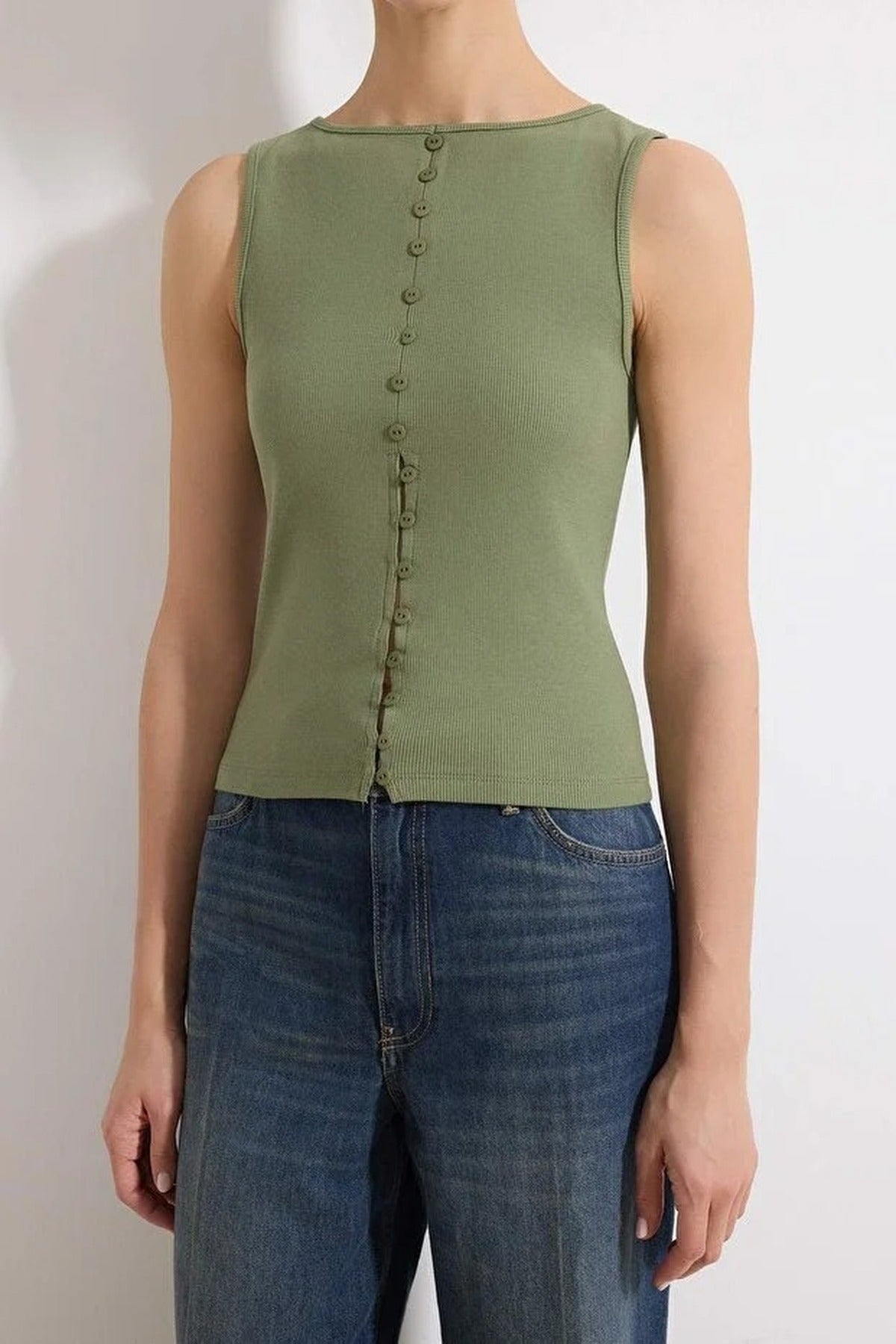 Buttoned Fitted Ribbed Stretch Knit Blouse