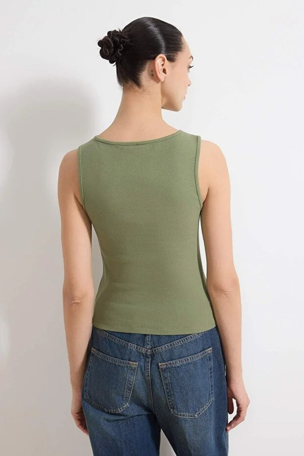 Buttoned Fitted Ribbed Stretch Knit Blouse