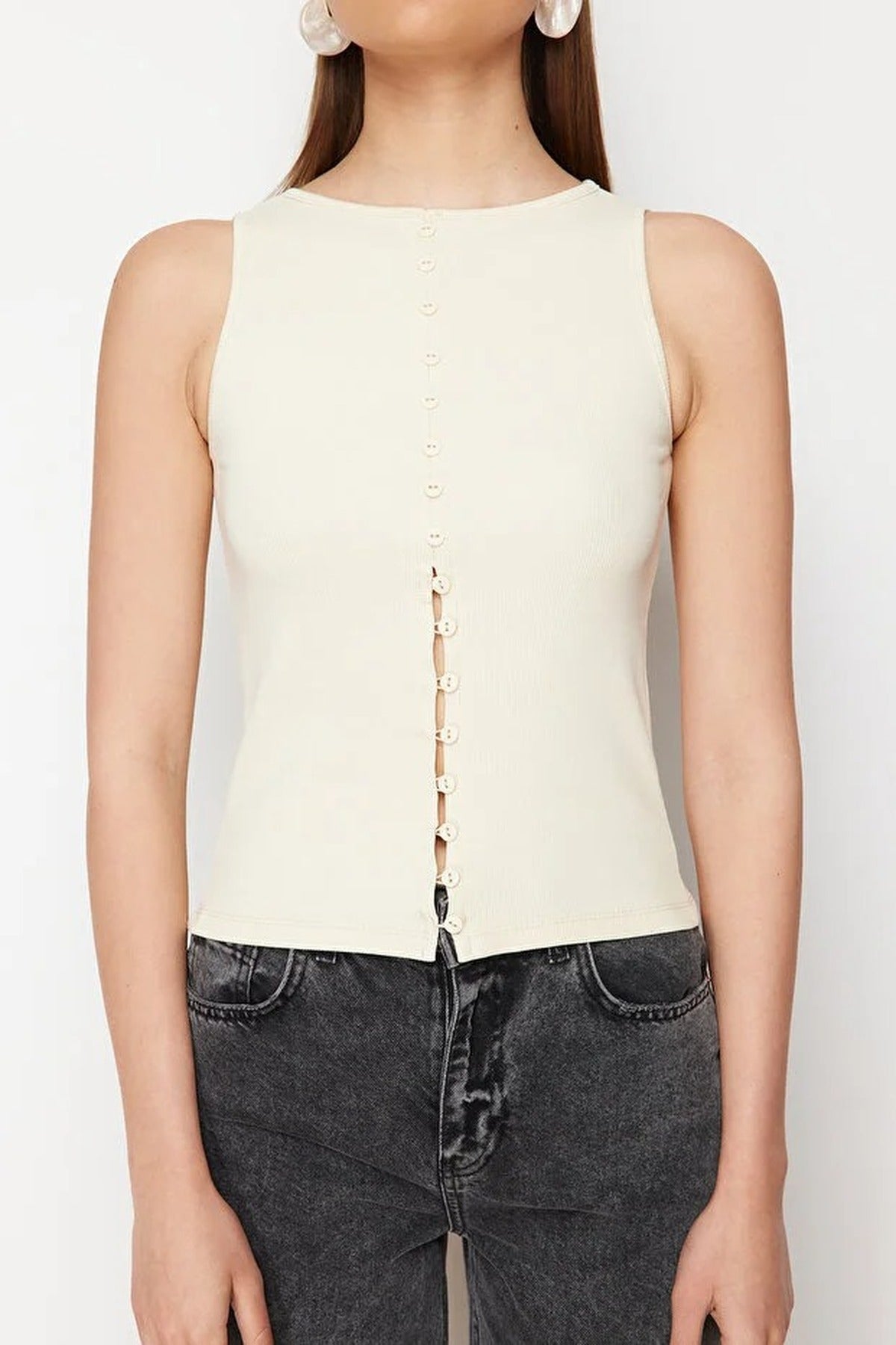 Buttoned Fitted Ribbed Stretch Knit Blouse