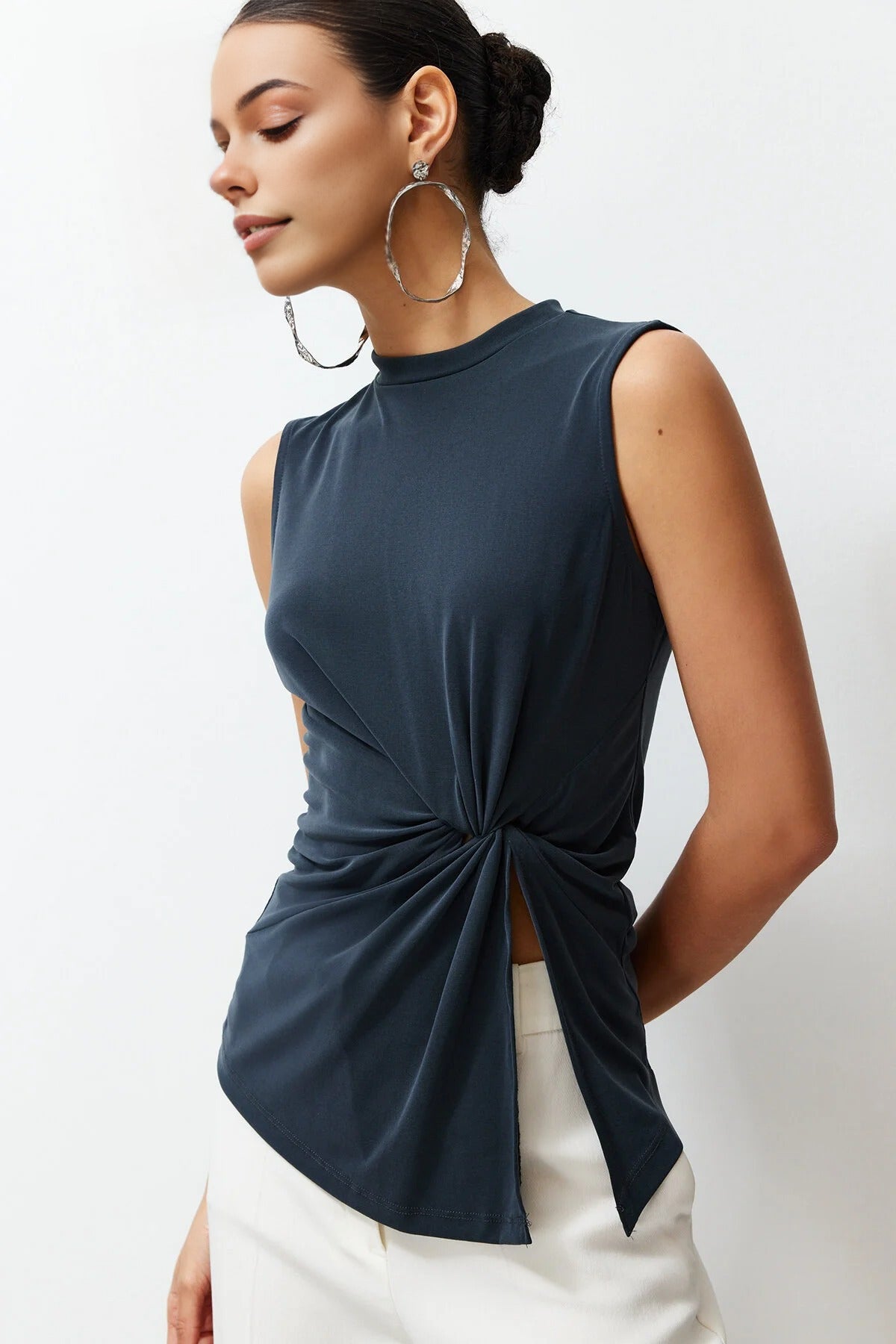 More Sustainable High Neck Ruched Detail Long Sleeve Modal Knit Blouse